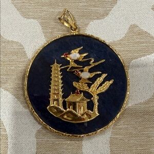 Gold and Blue Pendant with Asian Design